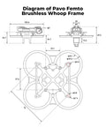 Technical diagram of Pavo Femto Brushless Whoop Frame with HD VTX bracket, showcasing 75mm wheelbase and PA12 material dimensions.