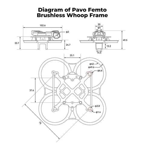 Technical diagram of Pavo Femto Brushless Whoop Frame with HD VTX bracket, showcasing 75mm wheelbase and PA12 material dimensions.
