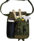 All In One Garden Tool Pouch Belt With Grab And Go Multi Pocket Utility Apron displaying tools and pockets, color green.