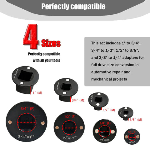 Huge Low Profile Impact Socket Adapter Kit For Tight Spaces, 4 Cr-Mo steel drive adapters 1 inch to 1/4 inch