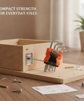 Compact Folding Hex Key Set With 9 Premium S2 Alloy Steel Allen Wrench Sizes For Bike Repair And Furniture Assembly, shown on wood assembly