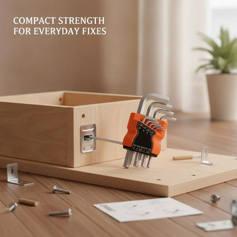 Compact Folding Hex Key Set With 9 Premium S2 Alloy Steel Allen Wrench Sizes For Bike Repair And Furniture Assembly, shown on wood assembly
