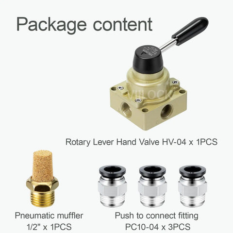 Package contents showing Rotary Lever Hand Valve HV-04 For Pneumatic Systems, 3 Position 4 Way, 1/2 Inch NPT Inlet Outlet, muffler, fittings.