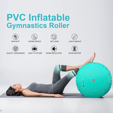 Woman using an Inflatable Gymnastics Barrel For Home Practice Back Handspring And Backbend Trainer Mat, Safe Tumbling Equipment For Girls