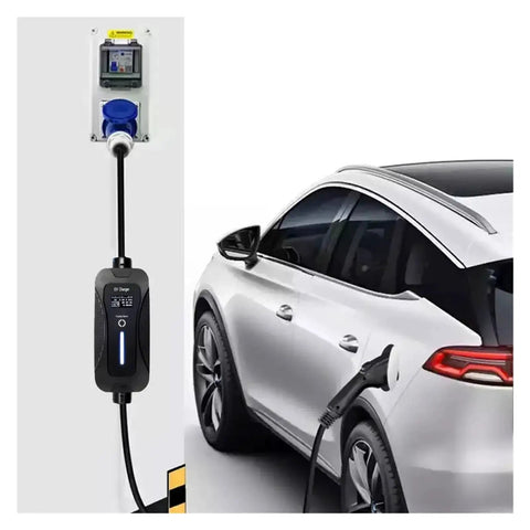 Beefy Portable Level 2 EV Charger With Type 2 Plug 32A 7.2kW EVSE For Home Charging connected to a silver electric vehicle