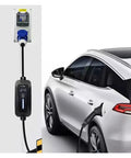 Portable Level 2 EV Charger With J1772 Type 1 Plug 32A 7.2kW EVSE connected to white car, wall-mounted setup
