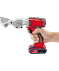 Ddbessic 600w 21v Cordless Electric Metal Shears With All Copper Brushless Motor And 1500Mah Battery held in hand for cutting metal.