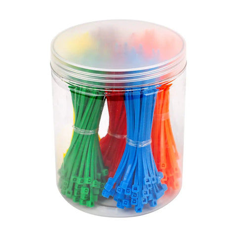 Multicolor Zip Ties Set 4 Inch 100mm 480 Pack Self Locking Cable Ties in clear container, green, blue, orange ties visible