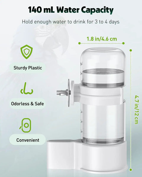 Legit Leak Proof Automatic Bird Water Dispenser With Drip Free Sippin Station For Small Parrots Parakeets Cockatiels And Budgies 140Ml capacity and sturdy plastic design.