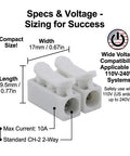No Sweat Quick Connect Wire Terminal Blocks Two Way Solderless Push In Cable Connectors Rated At 10 Amps For 110 To 240 Volt Systems showing compact size and specifications.