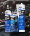 Ultra Black RTV Silicone Gasket Maker for Maximum Oil Resistance, 10.6 Oz Cartridge, displayed with packaging in front of engine.