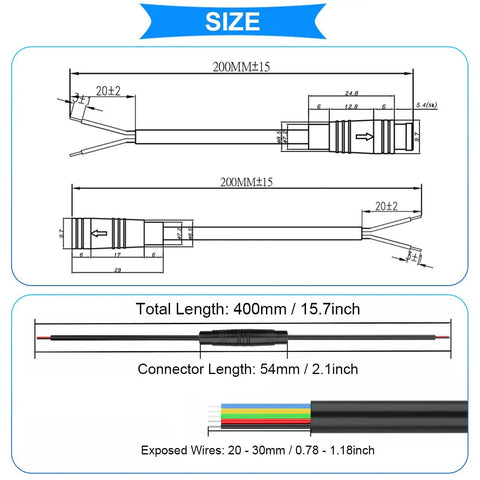 Size diagram for 5 Pin IP66 Waterproof Ebike Extension Cable Kit Dope For Bike Lights Throttle And Ebrake