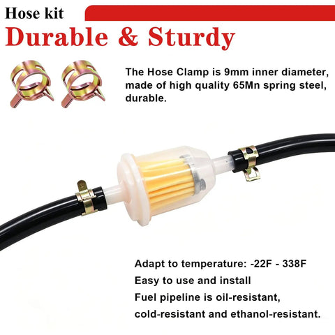Quarter Inch ID Fuel Line Hose Kit With Ten Feet Of Line And Twenty Clamps Ethanol Resistant Cold And Heat Tolerant Works With Gasoline E85