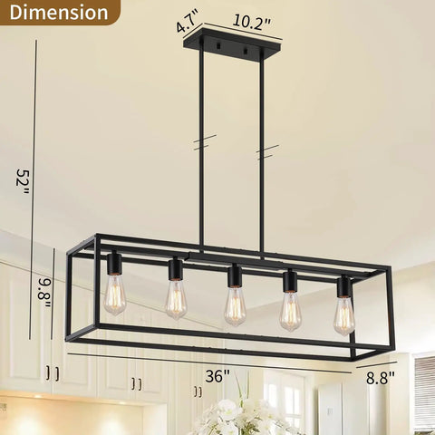 Top Shelf Black Five Light Linear Chandelier Featuring A Killer Geometric Metal Frame And Adjustable Hanging Rods, dimensions displayed.