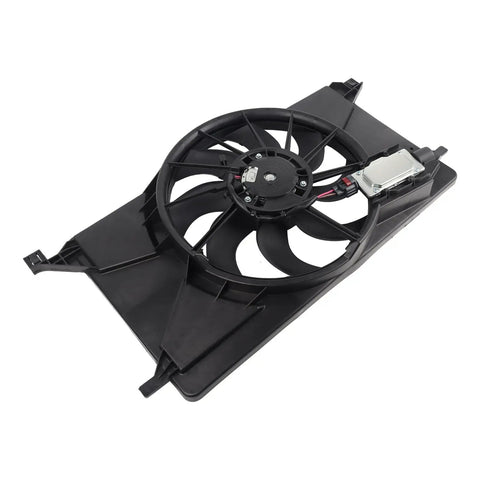 Solid Engine Radiator Cooling Fan Assembly With Integrated Shroud And Smooth Brushless Motor Direct Swap Replacement Fits 2012 Through 2018 Ford Focus BeV 2.0 Liter L4 Engine Oem Matched For Quick Bolt Up Install, showing fan and shroud design.
