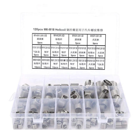 Thread Repair Insert Kit With Stainless Steel Inserts, 120 Pcs M6 To M18 in organized case, multiple pitch options shown