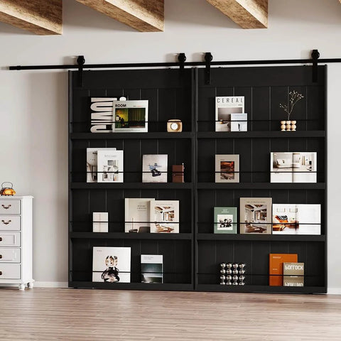 Front view of Two Panel 84 Inch Tall Sliding Barn Door With Shelf Style Look, 72 Inch Wide, 36x2 Configuration, Black Finish installed.