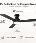 Slick Low Profile Ceiling Fan With Built In Led Light And Handy Remote Featuring Forty Two Inch Blades shown from above with dimensions.