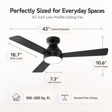 RDHFATL 42" Ceiling Fan with Light, Flush Mount, Remote, 3CCT Dimmable, low-profile design, dimensions, suitable for 100-300 sq. ft.
