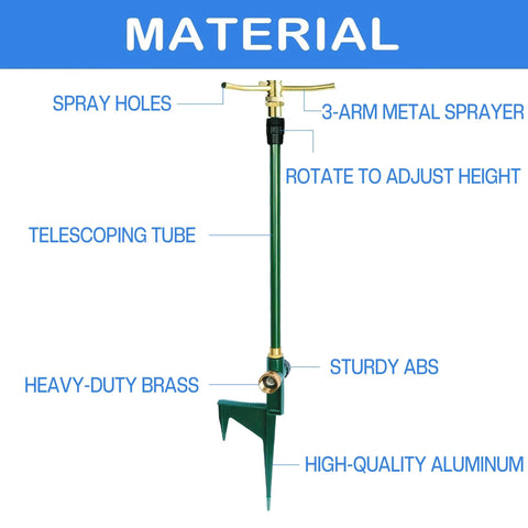 Two Pack 3 Arm Garden Sprinkler With Adjustable Telescoping Rod And Spike Base 360 Degree Rotation For Large Yards Material Overview