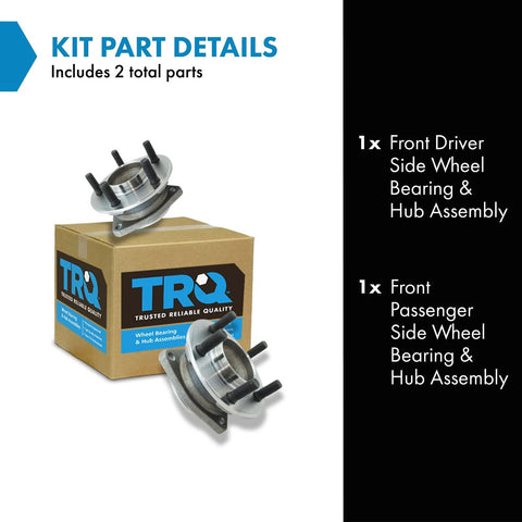 Two Piece Front Wheel Bearing And Hub Assembly Set For 2012 Through 2023 Chrysler 300, Dodge Challenger, And Charger Driver Side And Passenger Side Replacement OEM Grade Quality, shown with packaging and individual assemblies.