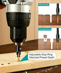 Four Piece Diy Woodworking Countersink Drill Bit Set With One Quarter Inch Hex Shank And L Wrench For Depth Stop Control in action
