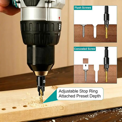 Four Piece Diy Woodworking Countersink Drill Bit Set With One Quarter Inch Hex Shank And L Wrench For Depth Stop Control in action