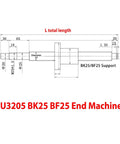 Diagram of SFU3205 BK25 BF25 end machined configuration for a ball screw, showing dimensions and supports for CNC equipment.
