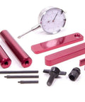 Pinion Depth Setting Tool With Case Dial Indicator Adapters And Stand Aluminum Red Anodized Vehicle Specific Gear Alignment Kit For Precise Diff Setup And Easy Read Measurements visible parts.