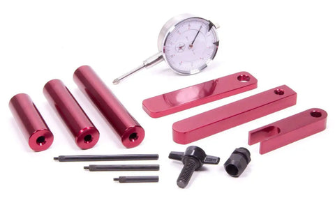 Pinion Depth Setting Tool With Case Dial Indicator Adapters And Stand Aluminum Red Anodized Vehicle Specific Gear Alignment Kit For Precise Diff Setup And Easy Read Measurements visible parts.