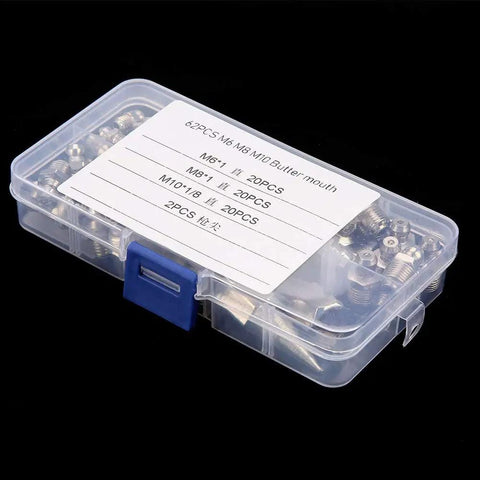 Plastic case containing Grease Fittings Kit With 60 Metal Zerks For Spokes And Spoke Nipples, assorted angled lubrication fittings.