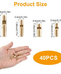 Different sizes of 40 Pcs Mini Brass Barrel Hinges For Wooden Boxes shown on a hand, with dimensions in inches.