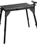 Rock Solid Heavy Duty Miter Saw Stand With Extension Rollers flat black metal table with adjustable height and sturdy legs.