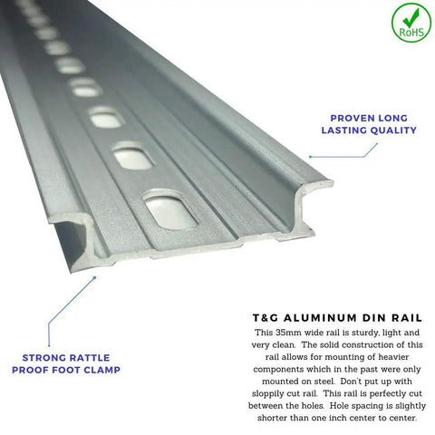 Two Piece Aluminum DIN Rail Slotted RoHS Compliant 8 Inch Long 35mm Wide 7.5mm High Heavy Duty Mounting Rail for Industrial Panels and Enclosures with Center to Center Slot Spacing