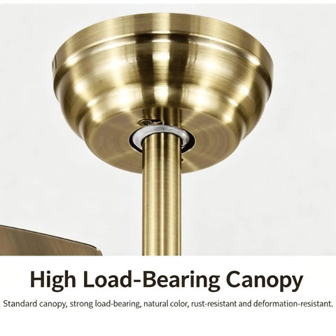 YPDJVLTI Ceiling Fans Lights 48-56Inch LED Fandelier showcasing a high load-bearing canopy in a natural brass finish.