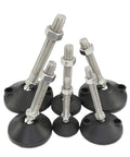 Rock Solid Adjustable Furniture Leveling Feet With Swivel Base And Articulating Design For Wobble Free Support M8 Through M20 Threads showing six feet with carbon steel bolts and nylon pads.