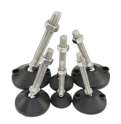Rock Solid Adjustable Furniture Leveling Feet With Swivel Base And Articulating Design For Wobble Free Support M8 Through M20 Threads showing six feet with carbon steel bolts and nylon pads.