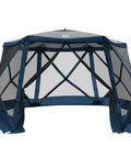 Front view of Pop Up Gazebo With Netting, Instant Screen House That Sets Up In 60 Seconds, blue 12.1 ft shelter for outdoor use