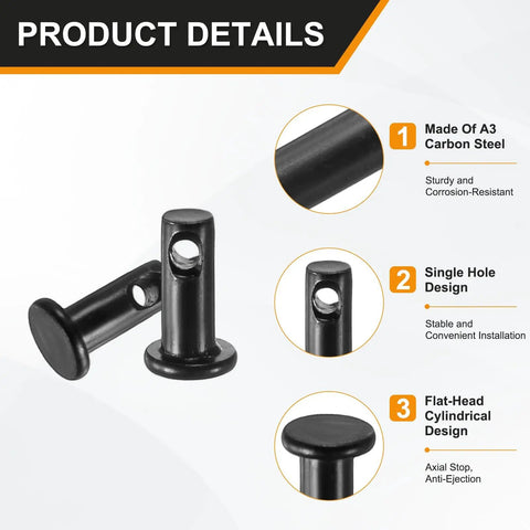 4 Pack M4x10mm Single Hole Clevis Pins Black For Quick Assembly In Machinery, Farm Equipment, Hitches, Lifts And Rigging Durable Steel Pins For Easy Disassembly And Strong Hold In DIY Projects, black steel single-hole pin detail
