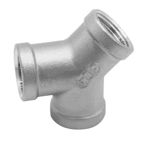 Beduan Tee 3/4 NPT Female Y Shaped 3 Way Cast Pipe Fitting Stainless Steel 304, side view showing silver finish and threads