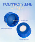Premium Quality 100 Pack Blue 9 Mm Screw Thread HPLC Vial Caps Featuring Pre Slit PTFE Lined Septa showing blue PTFE and white silicone lining.