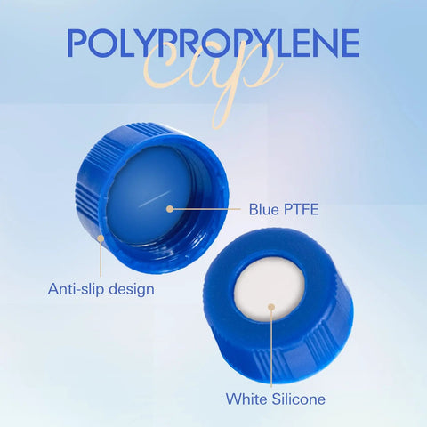 Premium Quality 100 Pack Blue 9 Mm Screw Thread HPLC Vial Caps Featuring Pre Slit PTFE Lined Septa showing blue PTFE and white silicone lining.