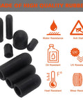 Black vacuum caps from Garage-Ready Rubber Vacuum Cap Kit, 177-Piece 12-Size Assortment, displayed with benefit icons.