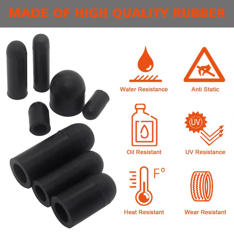 Assorted Rubber Vacuum Cap Kit for Automotive Hoses and Vacuum Lines, UV and heat resistant features displayed.