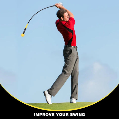 Golfer using Golf Swing Trainer 48 Inch Warm Up Stick For Strength Tempo Balance And Flexibility Indoor Outdoor Practice Aid in Yellow