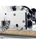 Badass Scorer Plunge Saw Delivering Smooth Tear Free Cuts On Veneer And Laminated Sheets With Diamond Scoring Blade Comes Fully Rigged And Tight For Serious Shop Work, close-up on cutting mechanism.
