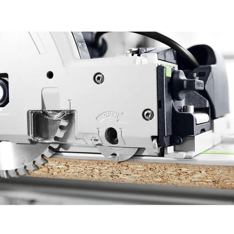 Badass Scorer Plunge Saw Delivering Smooth Tear Free Cuts On Veneer And Laminated Sheets With Diamond Scoring Blade Comes Fully Rigged And Tight For Serious Shop Work, close-up on cutting mechanism.