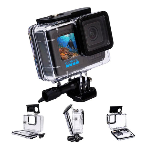 Underwater Dive Housing For GoPro Hero 9 10 11 12 13 Up To 60M Depth Waterproof Case Dope With Anti Fog Clear View, front and side views.