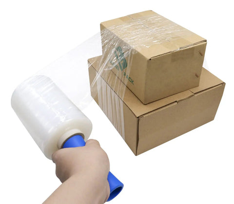 Clear Industrial Stretch Wrap Film 5 Inch By 1000 Feet Two Pack With Handles for moving and packing, securing boxes with film.