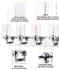 Sleek Chrome Finish Four Light Bathroom Vanity Light Fixture With Clear Glass Shades, Indoor Wall Sconce, hardware details.